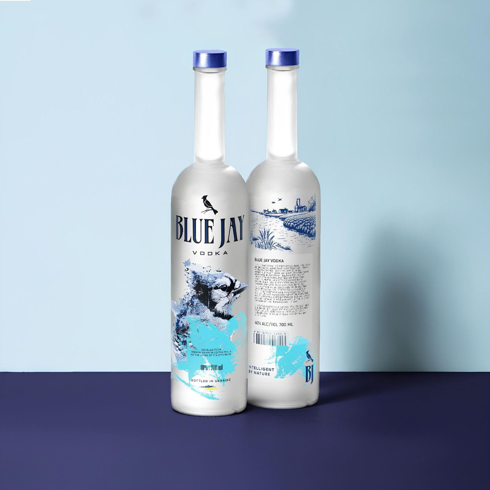 Blue Jay Vodka bottles — front and back label